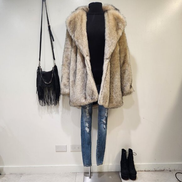💋BOHO CLAM💋VTG 70s Vibe Lux Chunky Vegan Topped Fox Fur Coat in Beige & Black - Picture 8 of 16